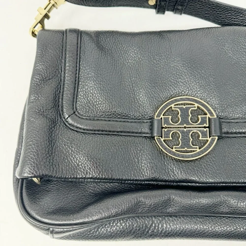 TORY BURCH | Amanda Leather Black & Gold Foldover Adjustable Crossbody Purse Bag